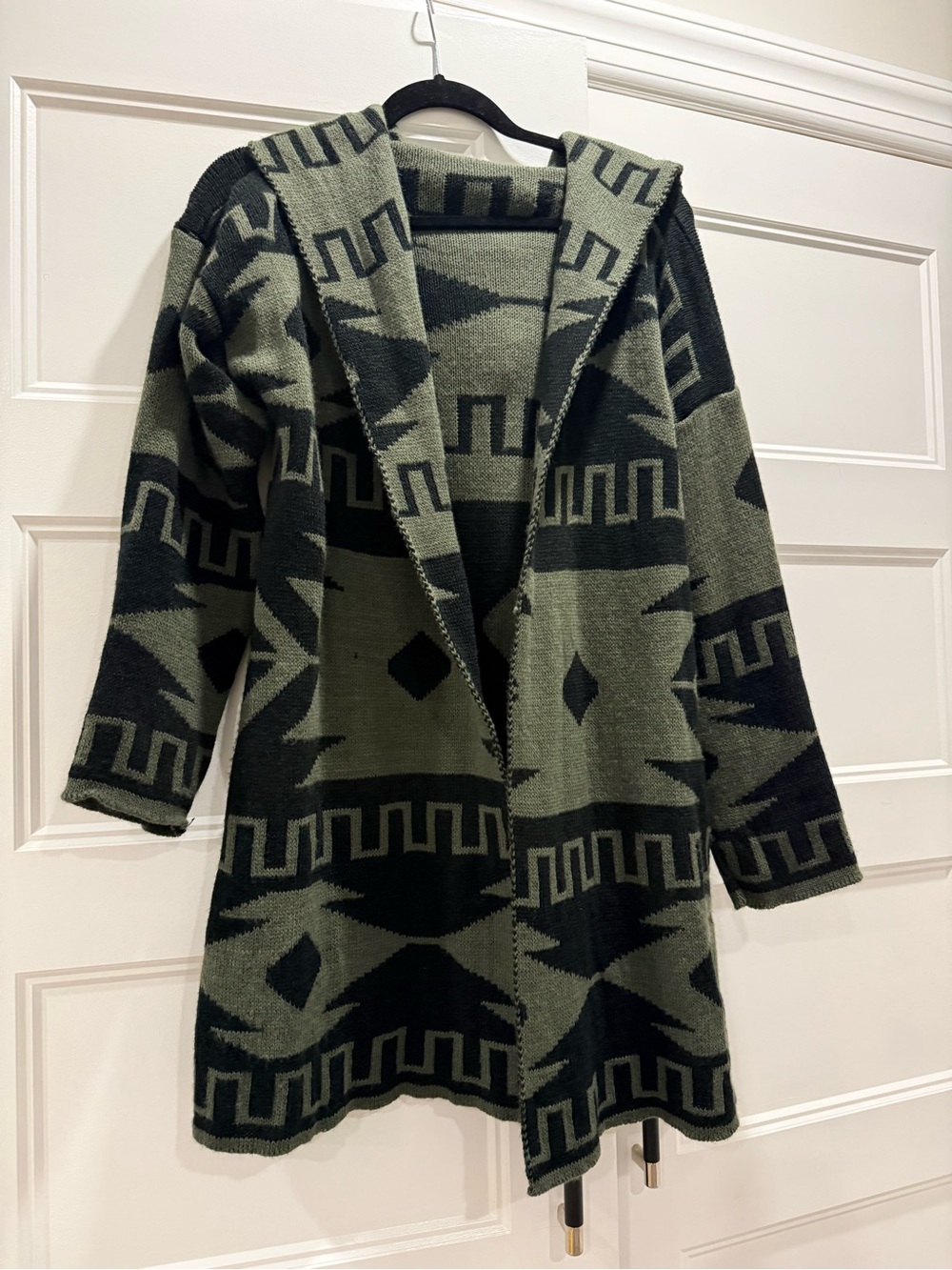 Olive & Black Hooded Aztec Cardigan Sweater